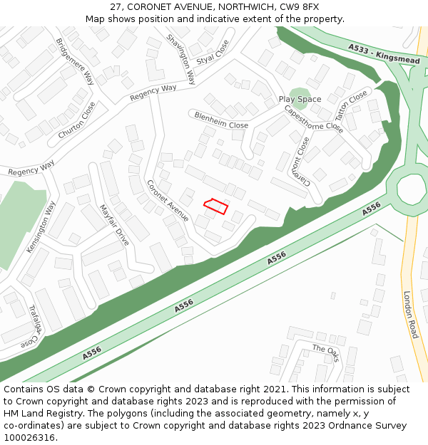 27, CORONET AVENUE, NORTHWICH, CW9 8FX: Location map and indicative extent of plot