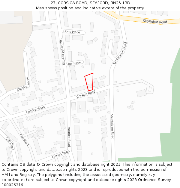 27, CORSICA ROAD, SEAFORD, BN25 1BD: Location map and indicative extent of plot