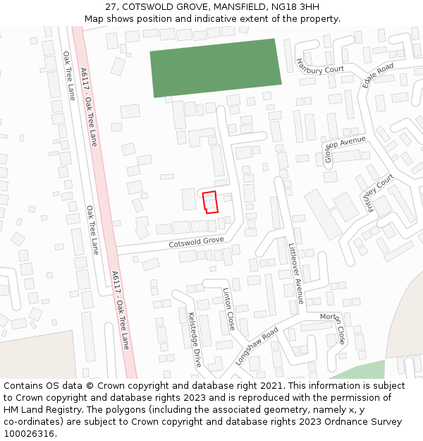 27, COTSWOLD GROVE, MANSFIELD, NG18 3HH: Location map and indicative extent of plot