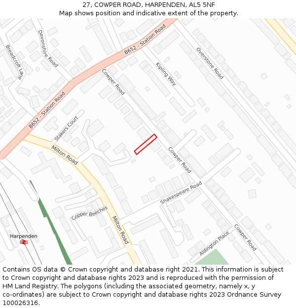 27, COWPER ROAD, HARPENDEN, AL5 5NF: Location map and indicative extent of plot