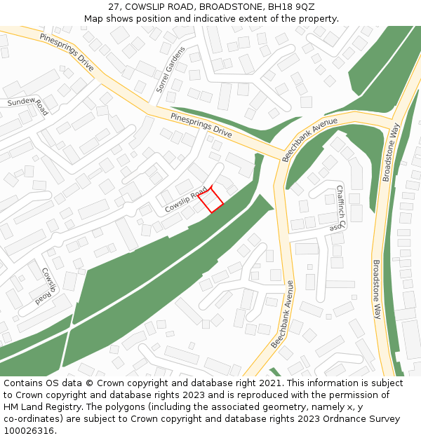27, COWSLIP ROAD, BROADSTONE, BH18 9QZ: Location map and indicative extent of plot