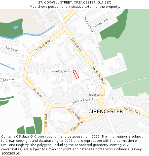 27, COXWELL STREET, CIRENCESTER, GL7 2BQ: Location map and indicative extent of plot