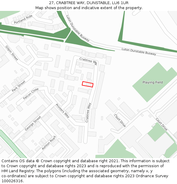 27, CRABTREE WAY, DUNSTABLE, LU6 1UR: Location map and indicative extent of plot