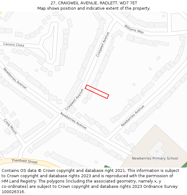 27, CRAIGWEIL AVENUE, RADLETT, WD7 7ET: Location map and indicative extent of plot