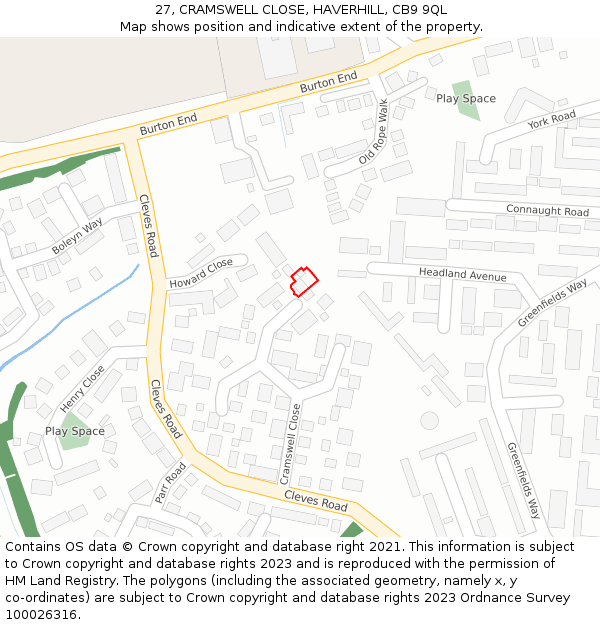 27, CRAMSWELL CLOSE, HAVERHILL, CB9 9QL: Location map and indicative extent of plot