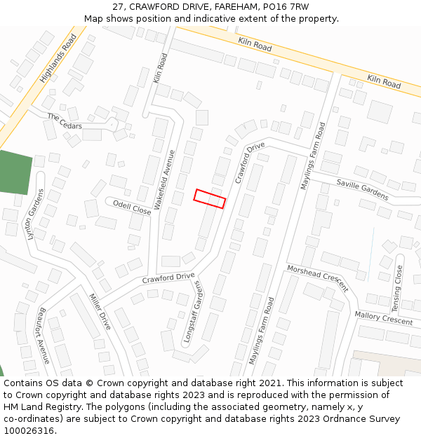 27, CRAWFORD DRIVE, FAREHAM, PO16 7RW: Location map and indicative extent of plot