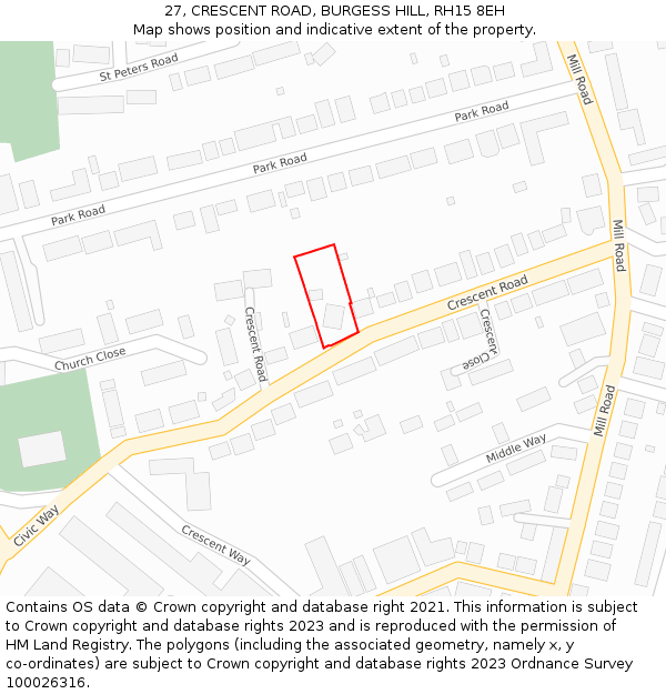 27, CRESCENT ROAD, BURGESS HILL, RH15 8EH: Location map and indicative extent of plot