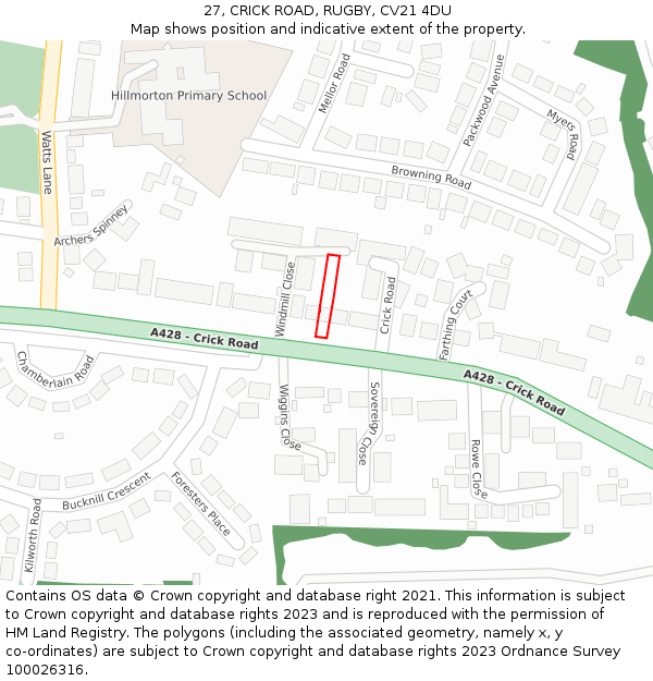 27, CRICK ROAD, RUGBY, CV21 4DU: Location map and indicative extent of plot