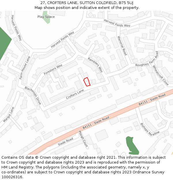 27, CROFTERS LANE, SUTTON COLDFIELD, B75 5UJ: Location map and indicative extent of plot