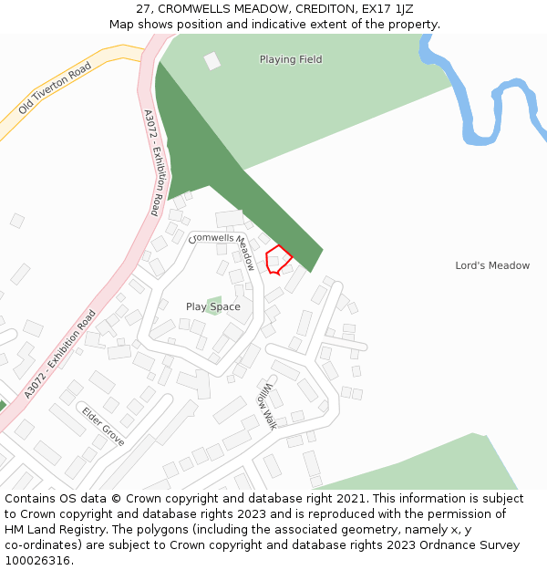 27, CROMWELLS MEADOW, CREDITON, EX17 1JZ: Location map and indicative extent of plot