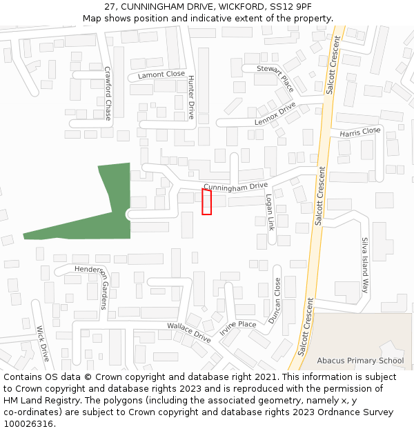 27, CUNNINGHAM DRIVE, WICKFORD, SS12 9PF: Location map and indicative extent of plot