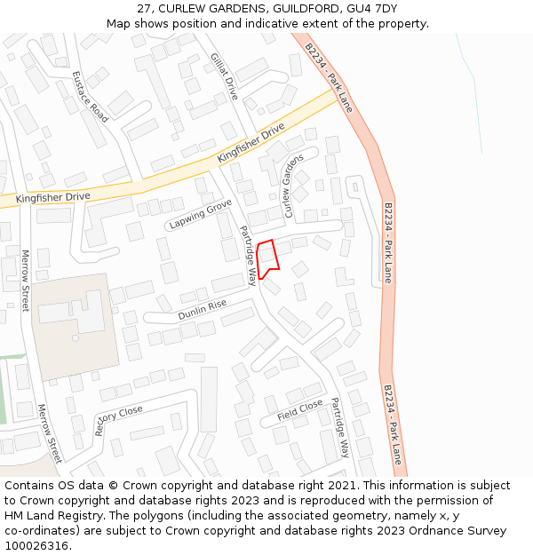 27, CURLEW GARDENS, GUILDFORD, GU4 7DY: Location map and indicative extent of plot