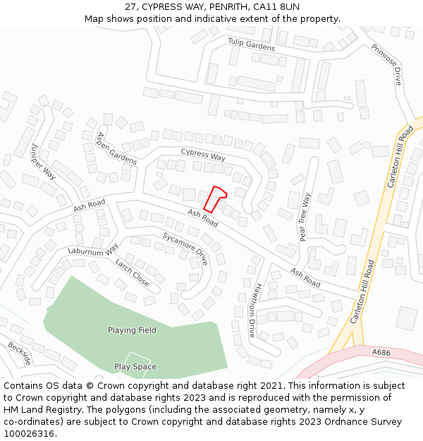 27, CYPRESS WAY, PENRITH, CA11 8UN: Location map and indicative extent of plot