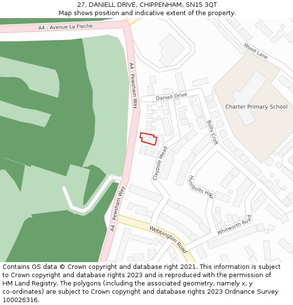 27, DANIELL DRIVE, CHIPPENHAM, SN15 3QT: Location map and indicative extent of plot