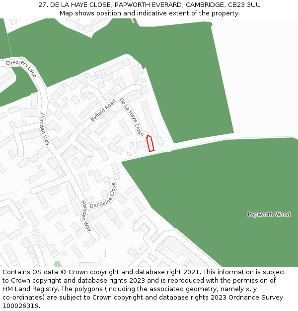 27, DE LA HAYE CLOSE, PAPWORTH EVERARD, CAMBRIDGE, CB23 3UU: Location map and indicative extent of plot