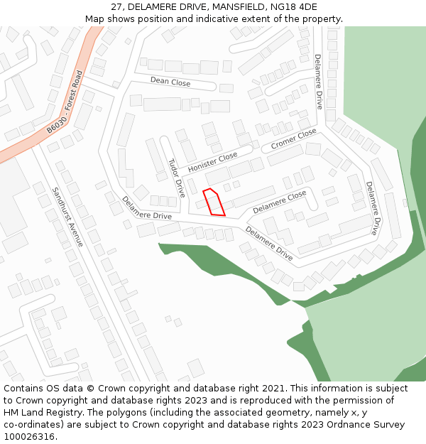 27, DELAMERE DRIVE, MANSFIELD, NG18 4DE: Location map and indicative extent of plot