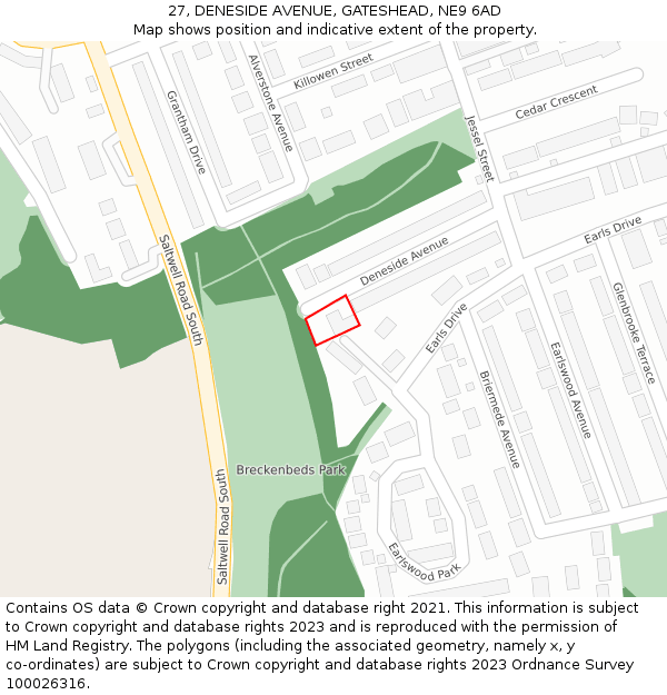 27, DENESIDE AVENUE, GATESHEAD, NE9 6AD: Location map and indicative extent of plot