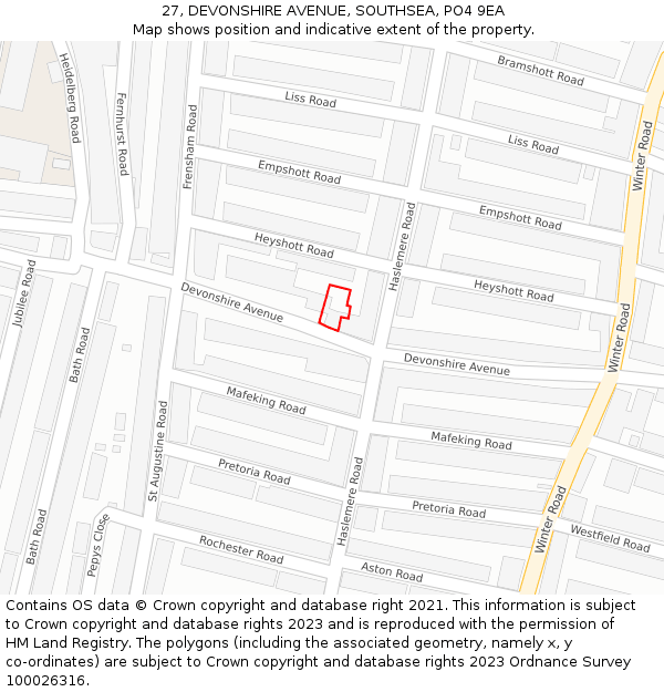 27, DEVONSHIRE AVENUE, SOUTHSEA, PO4 9EA: Location map and indicative extent of plot