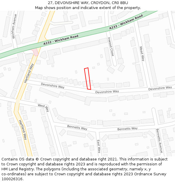 27, DEVONSHIRE WAY, CROYDON, CR0 8BU: Location map and indicative extent of plot