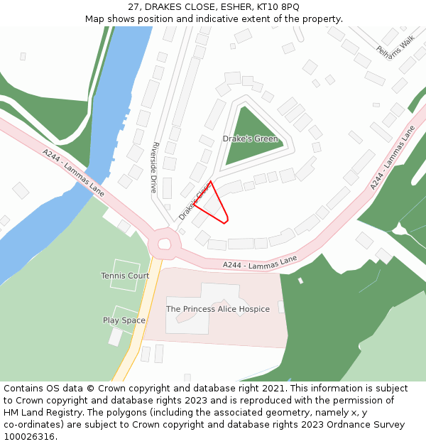 27, DRAKES CLOSE, ESHER, KT10 8PQ: Location map and indicative extent of plot