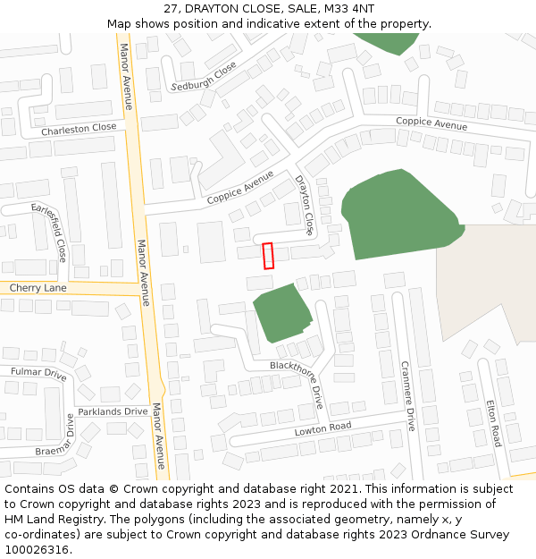 27, DRAYTON CLOSE, SALE, M33 4NT: Location map and indicative extent of plot