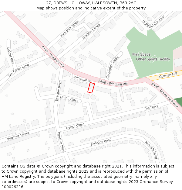 27, DREWS HOLLOWAY, HALESOWEN, B63 2AG: Location map and indicative extent of plot