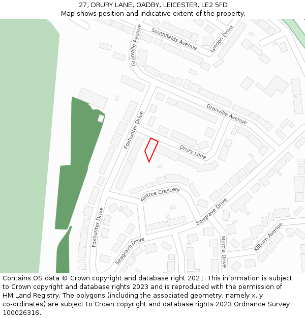 27, DRURY LANE, OADBY, LEICESTER, LE2 5FD: Location map and indicative extent of plot