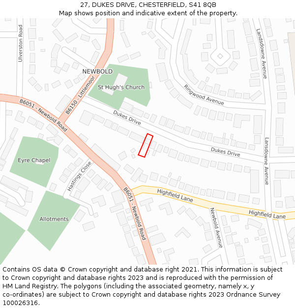 27, DUKES DRIVE, CHESTERFIELD, S41 8QB: Location map and indicative extent of plot