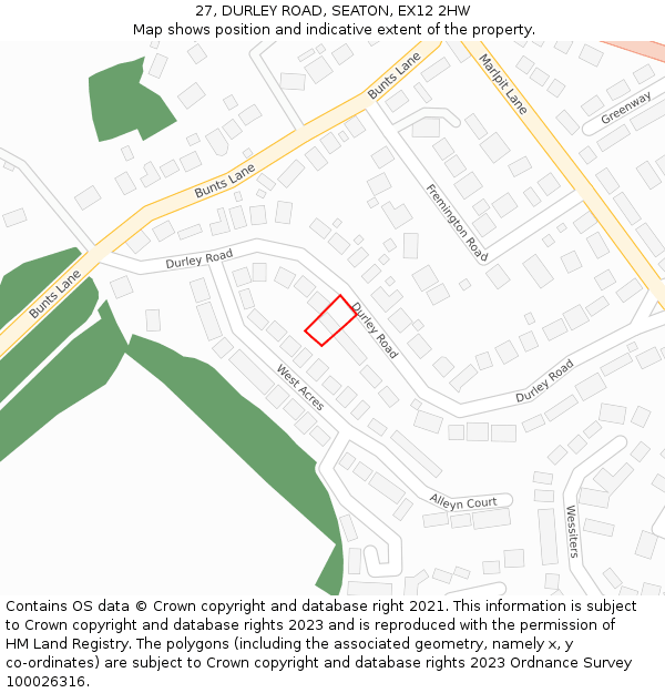27, DURLEY ROAD, SEATON, EX12 2HW: Location map and indicative extent of plot