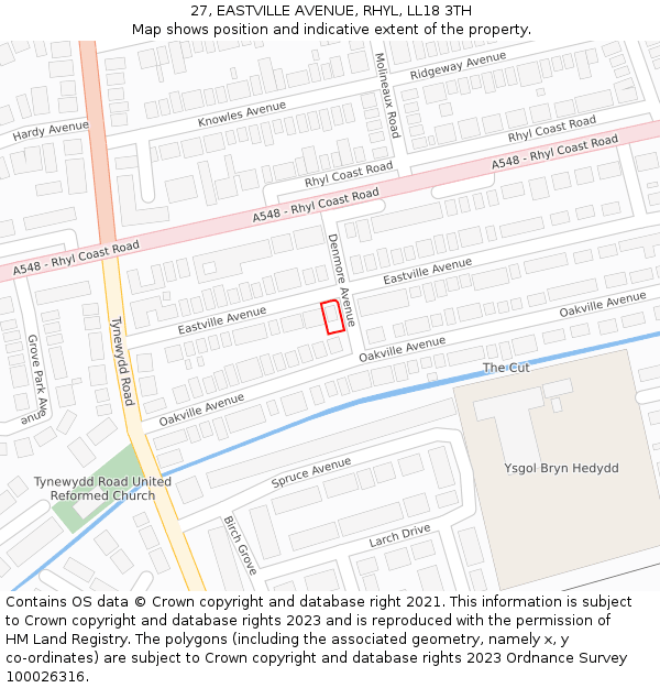 27, EASTVILLE AVENUE, RHYL, LL18 3TH: Location map and indicative extent of plot