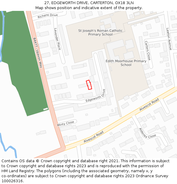 27, EDGEWORTH DRIVE, CARTERTON, OX18 3LN: Location map and indicative extent of plot