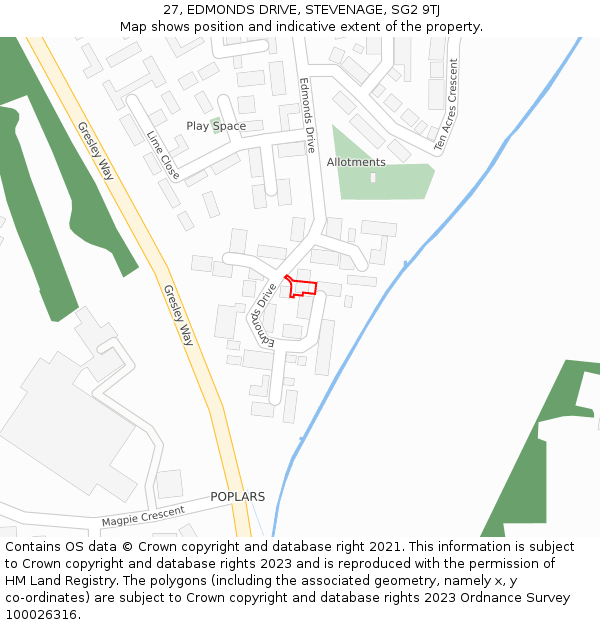 27, EDMONDS DRIVE, STEVENAGE, SG2 9TJ: Location map and indicative extent of plot