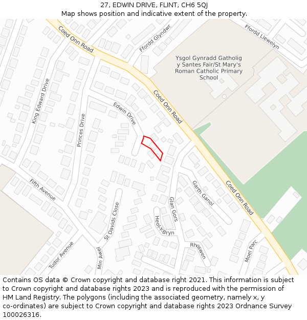 27, EDWIN DRIVE, FLINT, CH6 5QJ: Location map and indicative extent of plot