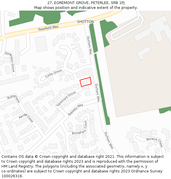 27, EGREMONT GROVE, PETERLEE, SR8 1PJ: Location map and indicative extent of plot