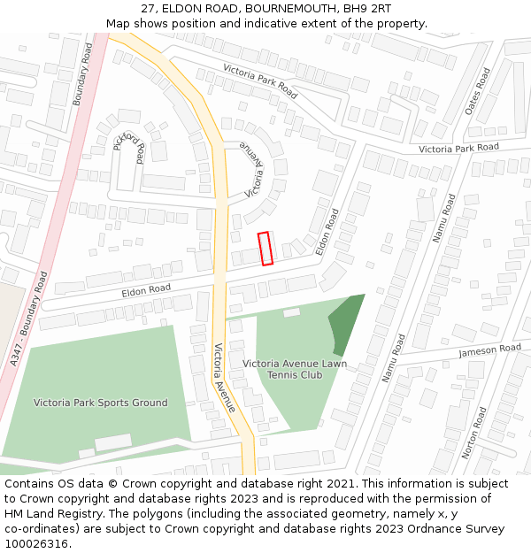 27, ELDON ROAD, BOURNEMOUTH, BH9 2RT: Location map and indicative extent of plot