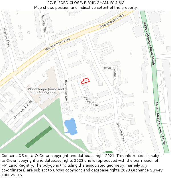 27, ELFORD CLOSE, BIRMINGHAM, B14 6JG: Location map and indicative extent of plot