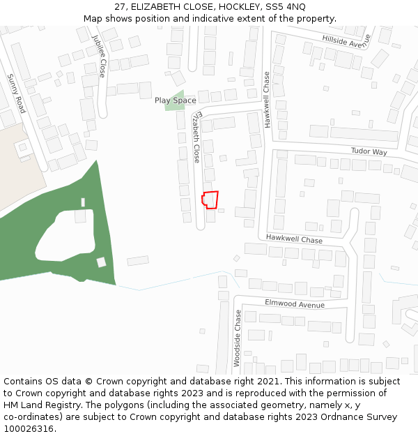 27, ELIZABETH CLOSE, HOCKLEY, SS5 4NQ: Location map and indicative extent of plot