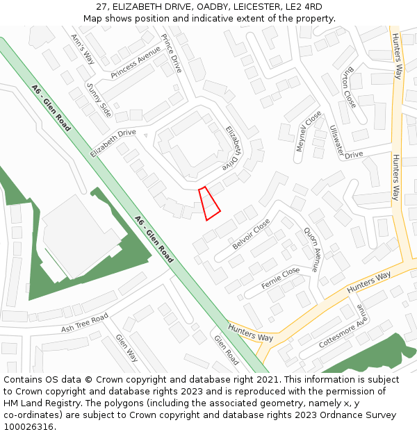 27, ELIZABETH DRIVE, OADBY, LEICESTER, LE2 4RD: Location map and indicative extent of plot