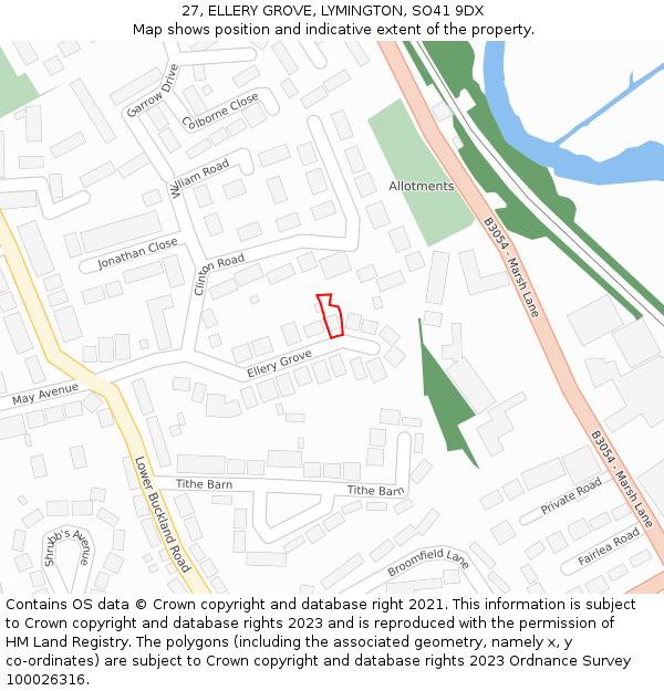 27, ELLERY GROVE, LYMINGTON, SO41 9DX: Location map and indicative extent of plot