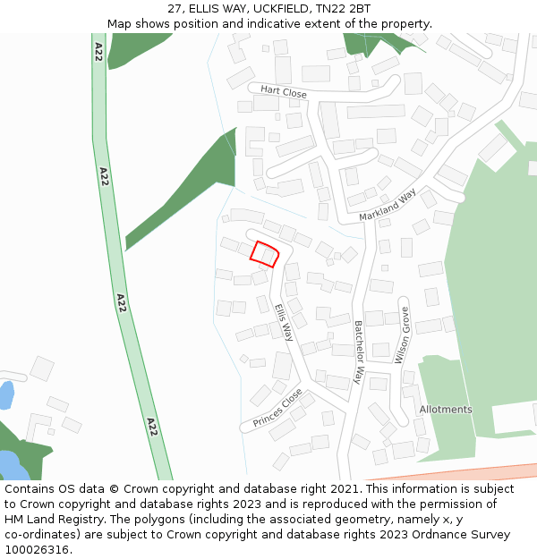 27, ELLIS WAY, UCKFIELD, TN22 2BT: Location map and indicative extent of plot