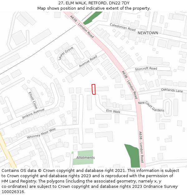 27, ELM WALK, RETFORD, DN22 7DY: Location map and indicative extent of plot