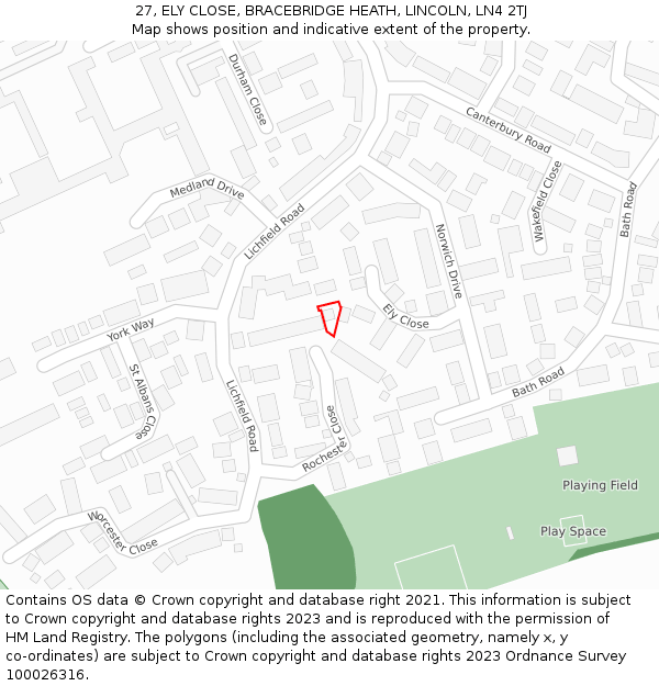 27, ELY CLOSE, BRACEBRIDGE HEATH, LINCOLN, LN4 2TJ: Location map and indicative extent of plot