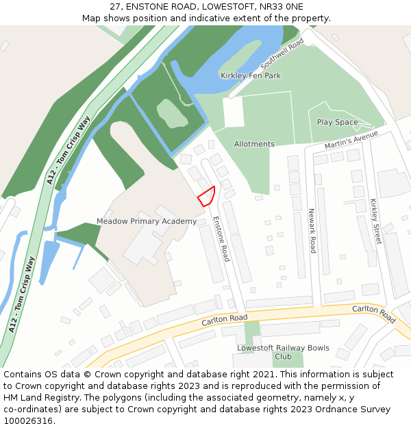 27, ENSTONE ROAD, LOWESTOFT, NR33 0NE: Location map and indicative extent of plot