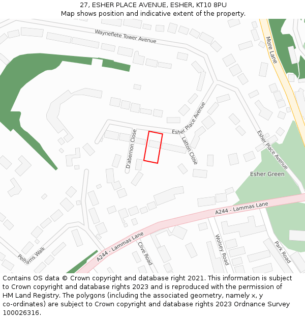 27, ESHER PLACE AVENUE, ESHER, KT10 8PU: Location map and indicative extent of plot