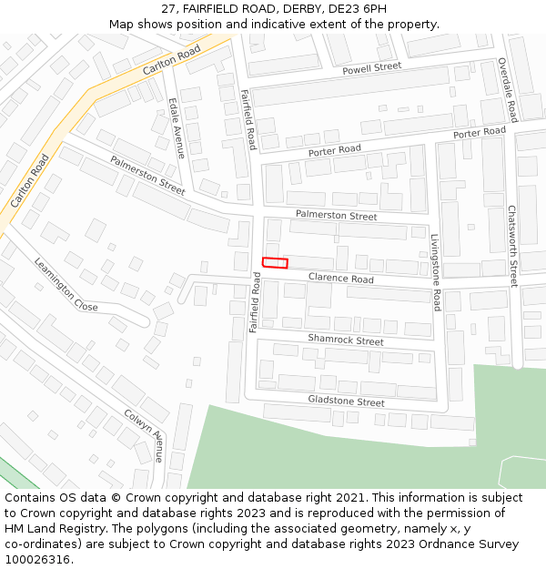27, FAIRFIELD ROAD, DERBY, DE23 6PH: Location map and indicative extent of plot