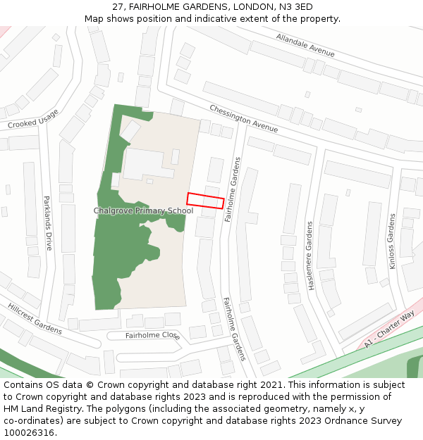 27, FAIRHOLME GARDENS, LONDON, N3 3ED: Location map and indicative extent of plot