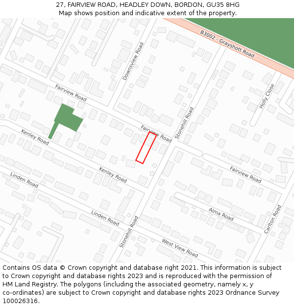27, FAIRVIEW ROAD, HEADLEY DOWN, BORDON, GU35 8HG: Location map and indicative extent of plot