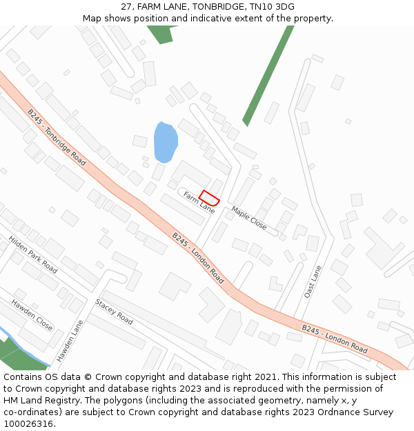 27, FARM LANE, TONBRIDGE, TN10 3DG: Location map and indicative extent of plot