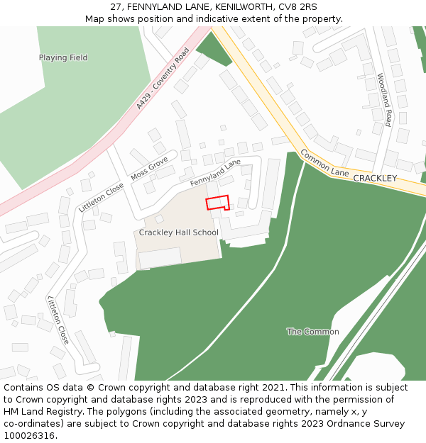 27, FENNYLAND LANE, KENILWORTH, CV8 2RS: Location map and indicative extent of plot