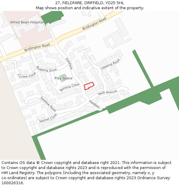 27, FIELDFARE, DRIFFIELD, YO25 5HL: Location map and indicative extent of plot